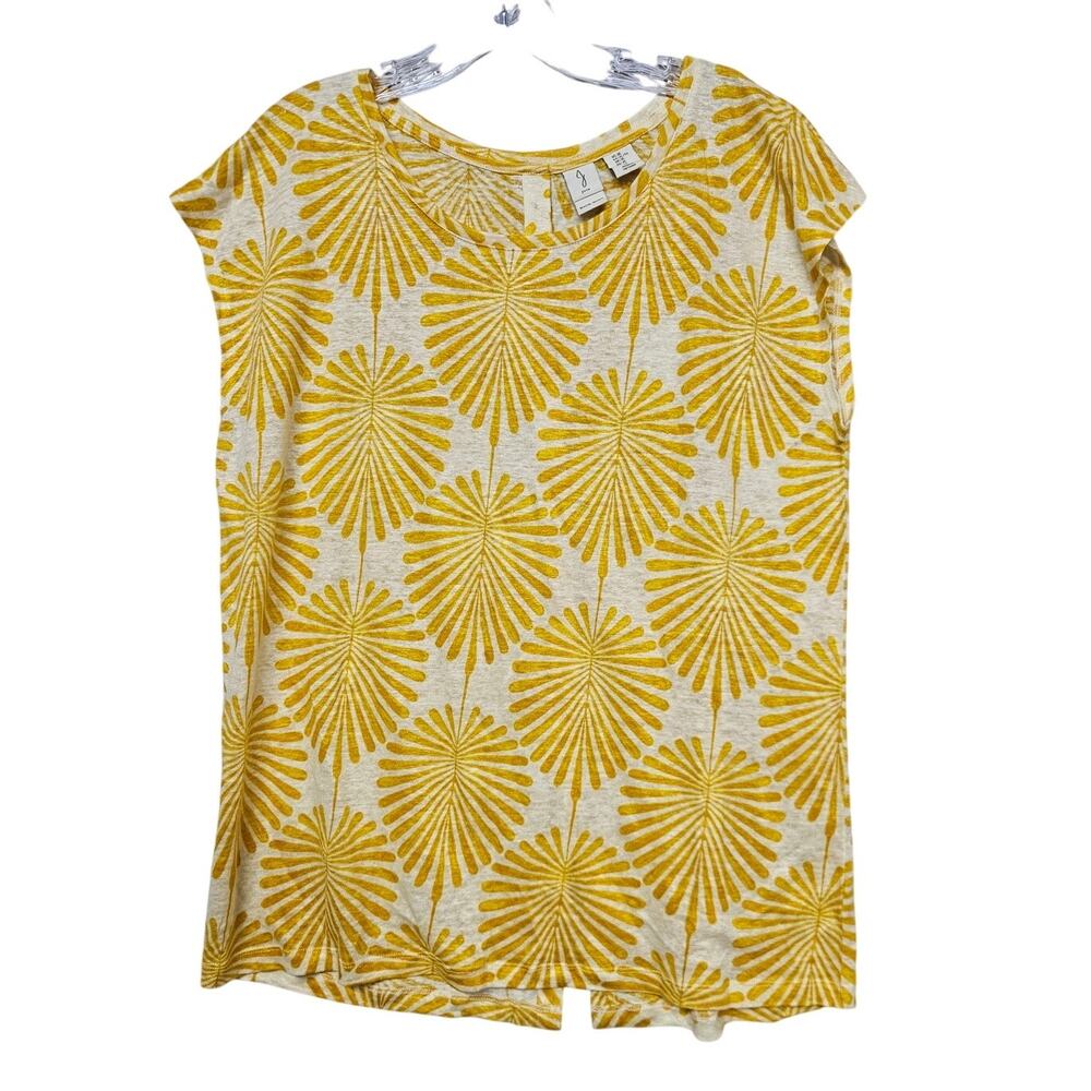 Joie XL Linen Yellow White Sunburst Palm Print Cap Sleeve Button Back Tunic Top